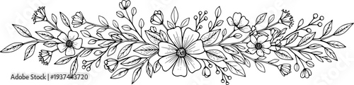 Simple hand-drawn vector drawing in black outline. Long floral banner, garland of leaves, inflorescences. Flower and branch. Ink sketch. Horizontal patterned border.