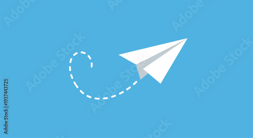 A white paper airplane flies with a dotted path on blue