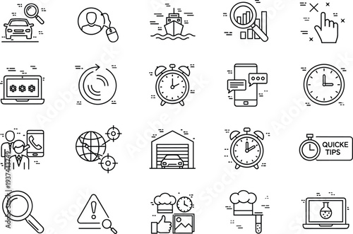 Modern Technology and Service Line Icon Set with Search, Analytics, Alarm Clock, Mobile Chat and Online Tools
