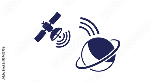 A satellite transmits a signal to a ringed planet in space