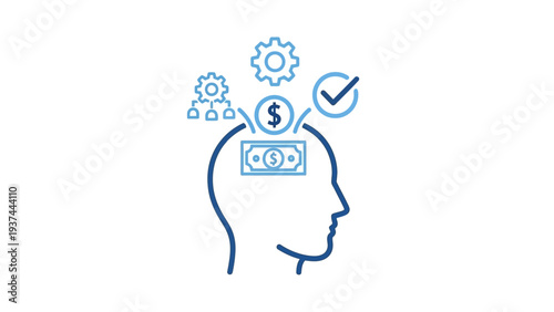 Human Head with Financial Symbols and Gears.