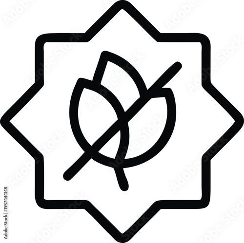 A warning symbol featuring a crossed out leaf inside an octagonal star indicating plant free products