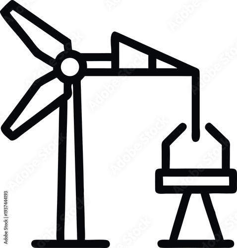 A wind turbine stands tall beside a robotic grabber or industrial claw system