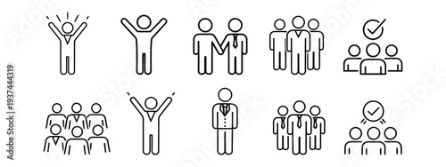A collection of stick figure illustrations depicting various teamwork and collaboration concepts