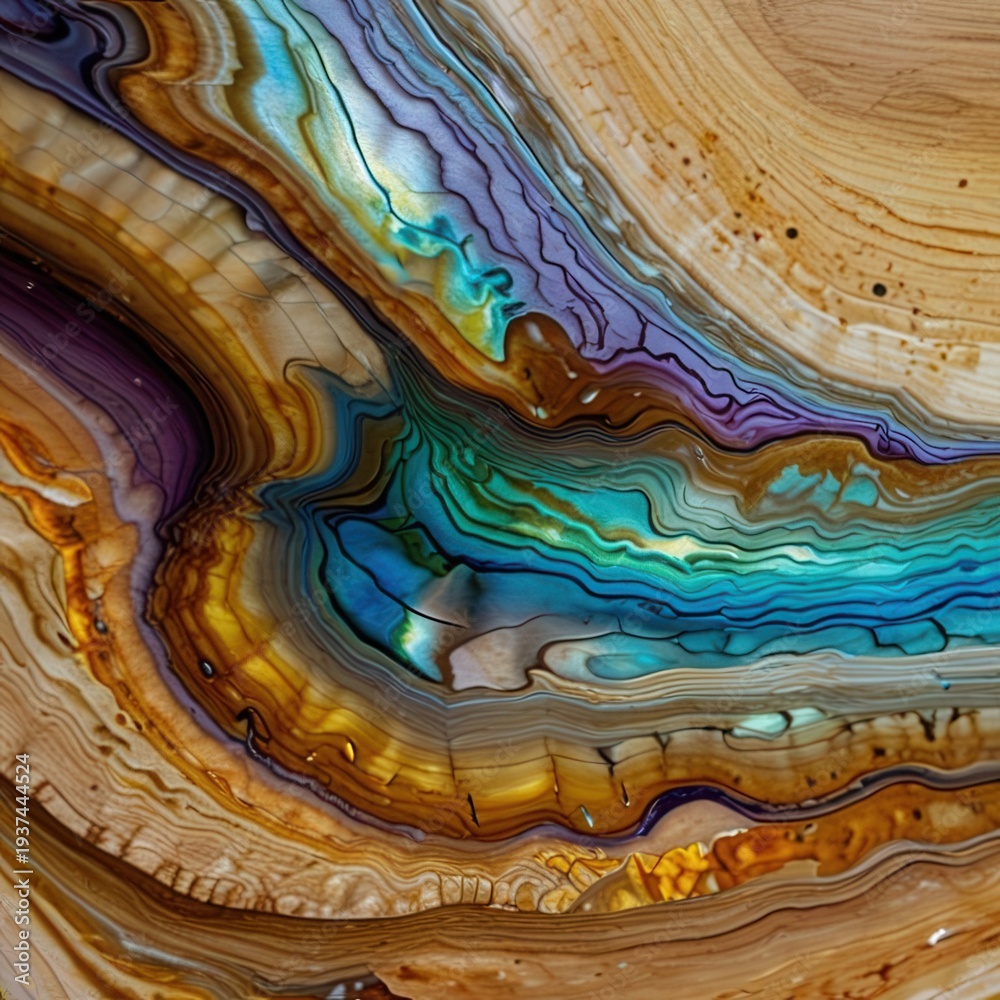 Fototapeta premium Polished Wood Grain With Iridescent Blue Green Resin Veins Natural Design Background