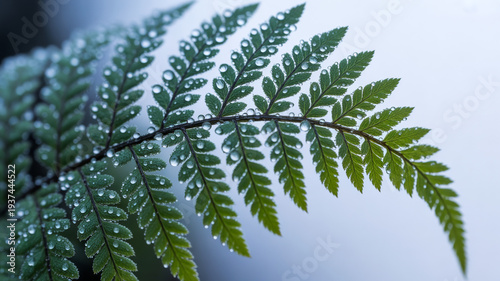 green fern leaf with crystal water droplets, macro nature background, fresh dew drops on forest plant, botanical foliage, rain drops on organic fern frond, spring morning dew, herbal greenery, macro.