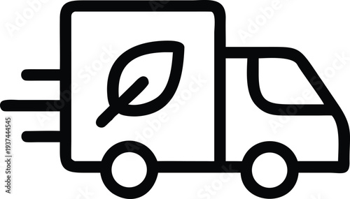 An outline icon displaying a fast moving delivery truck with a green leaf symbol