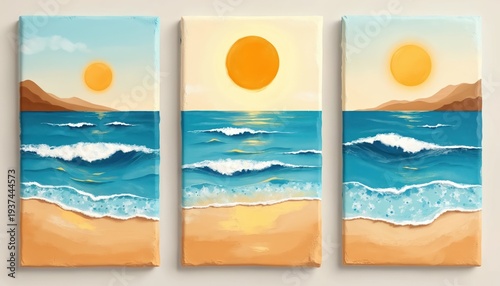 Three panel artwork shows ocean waves crashing on sandy beach under bright sun. Coastal landscape art with blue water sea and beige sand shore. Minimalist seaside scenery.