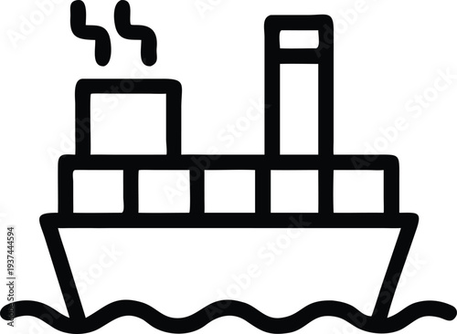 An outline icon illustrating a large cargo ship transporting containers across ocean waves