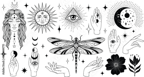 Mystical Celestial Tattoo Illustration Set with Sun, Moon, All Seeing Eye, Hands and Dragonfly Esoteric Vector Collection