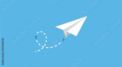 A white paper airplane soars through a bright blue sky