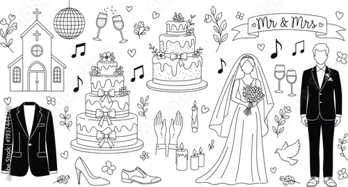 Wedding Doodle Illustration Set with Bride, Groom, Cake, Church, Champagne and Romantic Marriage Celebration Elements