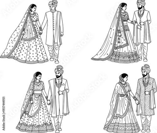 Indian Wedding Couple Outline Illustration Set with Bride and Groom in Traditional Bridal and Groomwear Vector Collection
