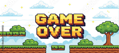 Game Over Pixel Art Background with Retro 8 Bit Landscape, Platform Tiles and Bold Arcade Typography for Classic Video Game Design
