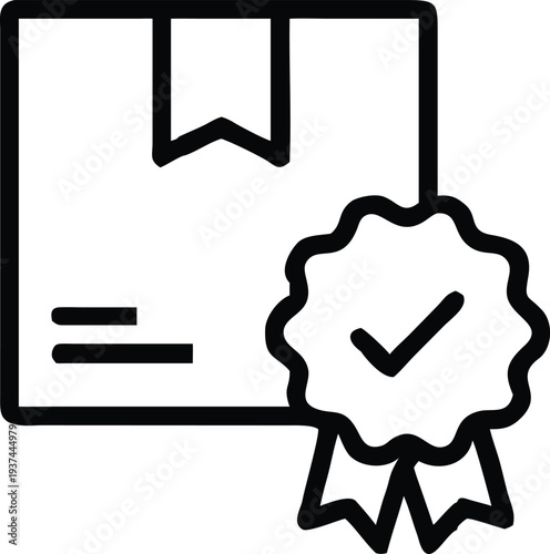 Approved shipping box with a quality check mark ribbon badge for delivery