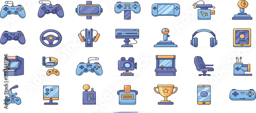 Gaming Equipment Icons Set with Controllers, VR Headset, Arcade Machine, Steering Wheel and Esports Accessories for Video Game UI Design