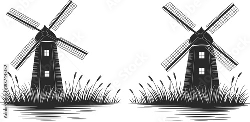 Traditional windmill silhouette in countryside landscape with grass and water reflection, classic rural architecture, vintage farm mill illustration isolated, black and white vector design