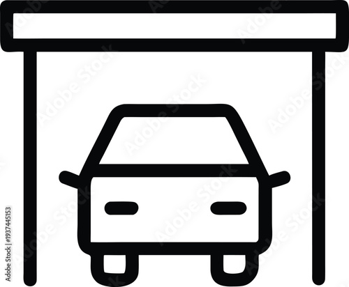 Automobile Parking Garage Icon A minimalist outline of a car safely parked inside a carport structure