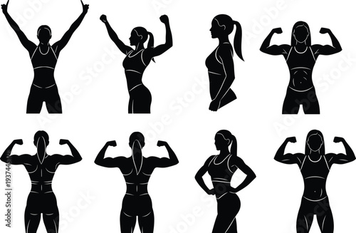 This set of silhouettes is ideal for fitness, bodybuilding, and wellness content. I have optimized the metadata to target users looking for strong female figures and athletic branding.