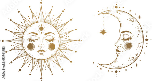 Vintage Sun and Moon Face Illustration with Celestial Stars Mystical Boho Astrology Vector Design Set