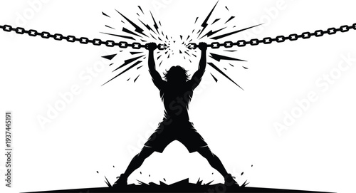 Silhouette of Strong Man Breaking Metal Chains Representing Freedom Power Liberation and Success for Motivational Coaching Social Justice Campaigns and Personal Growth Achievement Graphics