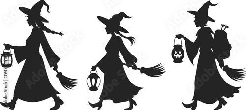 Three witch silhouettes walking with broom and lantern, Halloween spooky female characters in black shadow illustration isolated on white background, mystical fantasy theme
