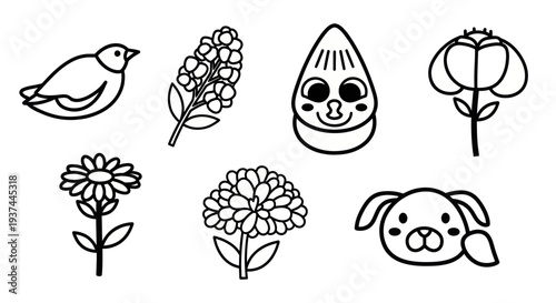 Cute black and white cartoon icons of bird, flowers, seed, and puppy head, perfect for children's books, stickers, and educational material