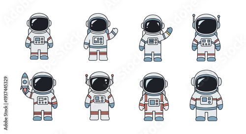 Cute cartoon astronauts collection with space helmets and suits holding rocket and waving hands, perfect for space-themed projects and educational materials