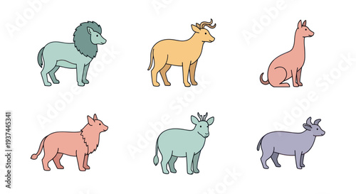 Cute colorful cartoon wild animals collection including lion, antelope, llama, wolf, deer, and goat illustrations for children?s books and educational materials