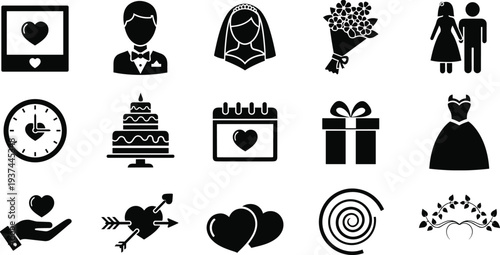 Wedding and Love Icon Set with Bride, Groom, Cake, Gift, Heart and Marriage Celebration Symbols Vector Collection