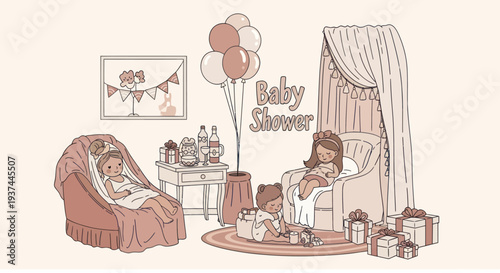 Cozy baby shower scene with pregnant woman, child playing, balloons, gifts, and decorated interior for celebration and parenting moments
