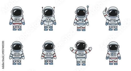 Cute cartoon astronauts in different poses and suits with space helmets, ideal for children's space or science projects and educational content