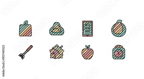 Hand-drawn colorful icons of food, ingredients, and cooking utensils, ideal for recipe apps, cooking blogs, and food-related projects