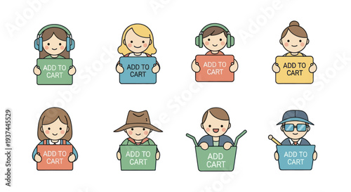 Cute cartoon characters holding colorful add to cart signs, online shopping icons, e-commerce concept illustrations for website or app usage