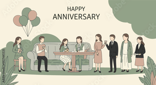 Happy anniversary celebration with friends in a cozy living room with balloons and drinks, perfect for party and event design