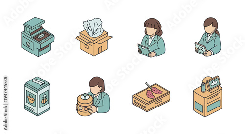 Isometric illustrations of laboratory scientist with scientific instruments and samples in lab environment for research and analysis