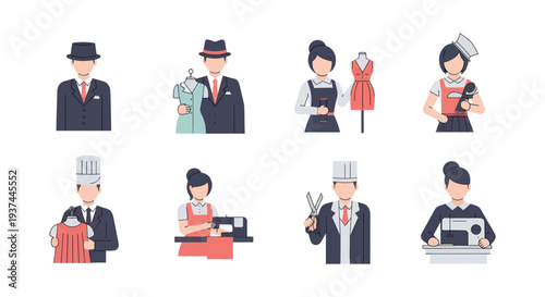 Professionals in tailoring and fashion design showcasing sewing, dressmaking, and tailoring tools and skills for creative and fashion industry projects