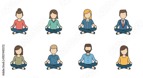 Diverse group of people meditating in lotus pose isolated icons, yoga and mindfulness for stress relief and relaxation illustration