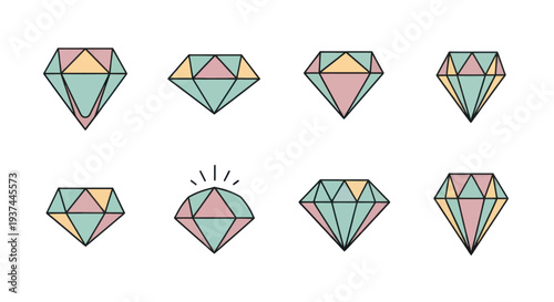 Set of 8 colorful hand-drawn diamond icons in pastel colors, geometric shapes for design and decoration