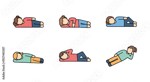 Set of cartoon people lying in various relaxing and resting poses, vector illustrations ideal for wellness or relaxation concept