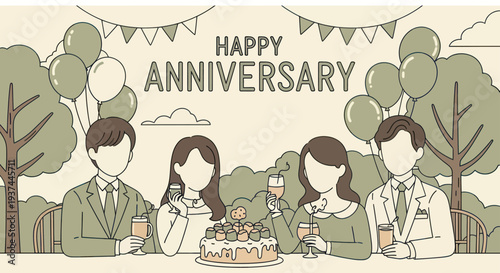 Happy anniversary celebration with friends outdoors, cake and drinks at party, festive balloons and decorations, social gathering