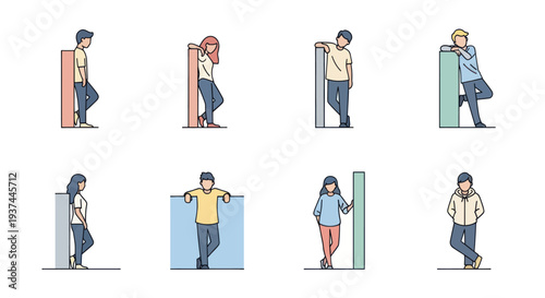 Set of diverse young people leaning against colored walls in casual clothing, lifestyle and relaxation concept illustration, perfect for social and urban themes