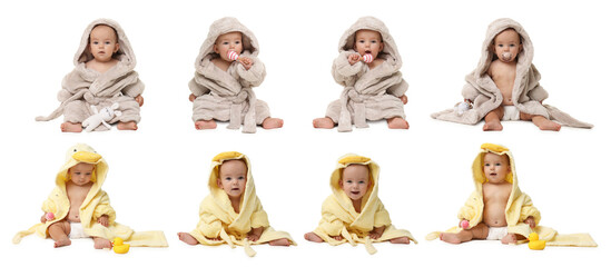 Cute baby in bathrobes on white background, collage of photos