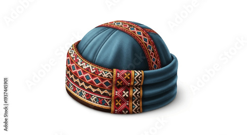 Vibrant embroidered traditional headwear hat.