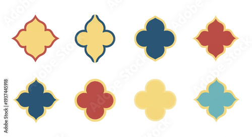 Set of eight colorful Moroccan style floral tile patterns in blue, red, teal and yellow for design and decoration projects