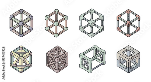Set of eight unique geometric cube structures with connecting rods and nodes, abstract 3D shapes perfect for engineering, architecture, or design concepts