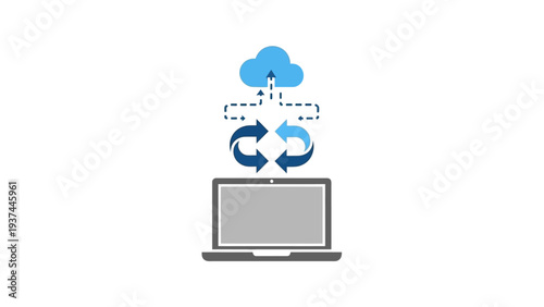 Laptop with cloud syncing data online.