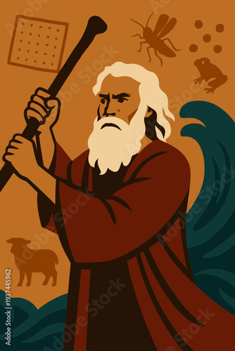 Moses Holding Staff with Passover Night Elements in Flat Vector Heroic Style