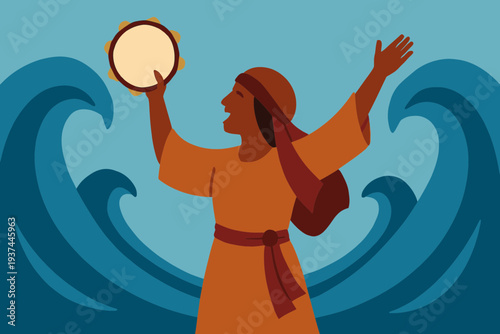 Miriam's Tambourine and Red Sea Parting Motif for Passover in Flat Vector Illustration