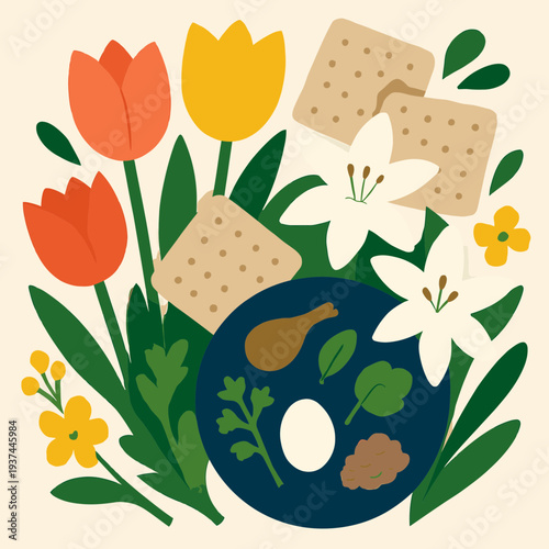 Spring Flowers and Matzah Composition Celebrating Pesach Arrival in Flat Vector Style